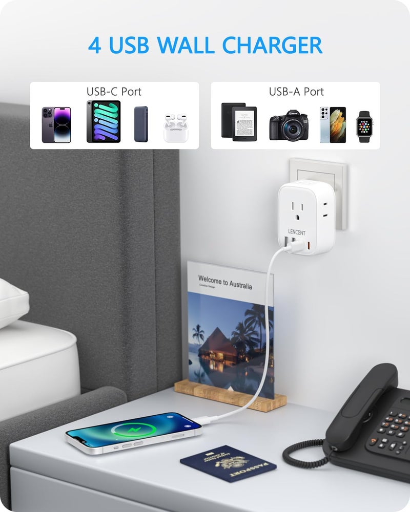 Lencent Australia New Zealand Power Plug Adapter, US To Australia Plug Adapter with 4 Outlets, 4 USB Charger(2 USB C Port), Type I Plug Converter for US to AU Argentina China Fiji, Travel Essentials - Image 4